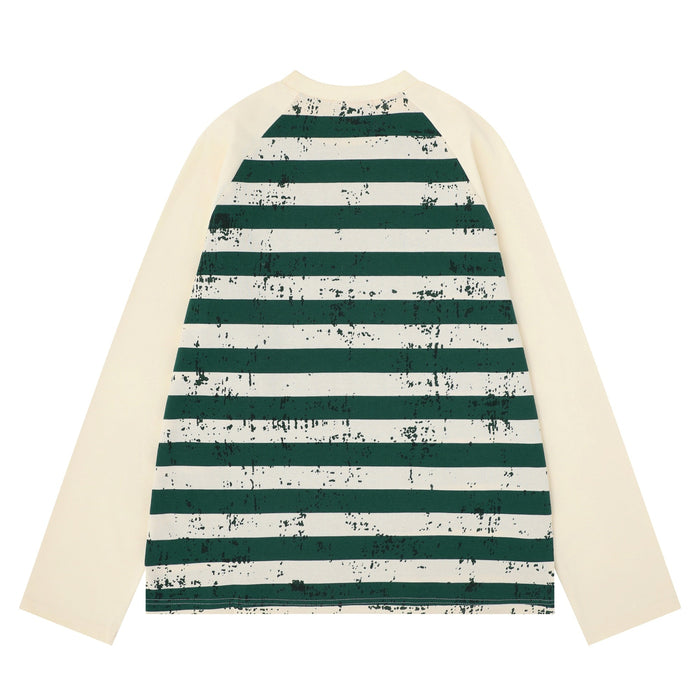 Back view of cream raglan long sleeve tee with dark green striped body and sleeves