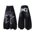 Front and back view of black washed baggy wide-leg jeans with oversized white star graphic and metal eyelet panel accents