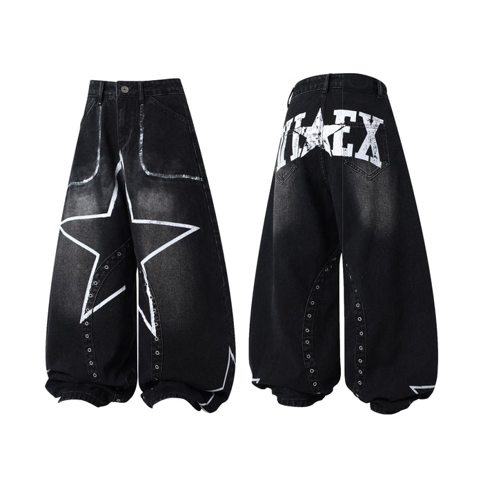 Front and back view of black washed baggy wide-leg jeans with oversized white star graphic and metal eyelet panel accents