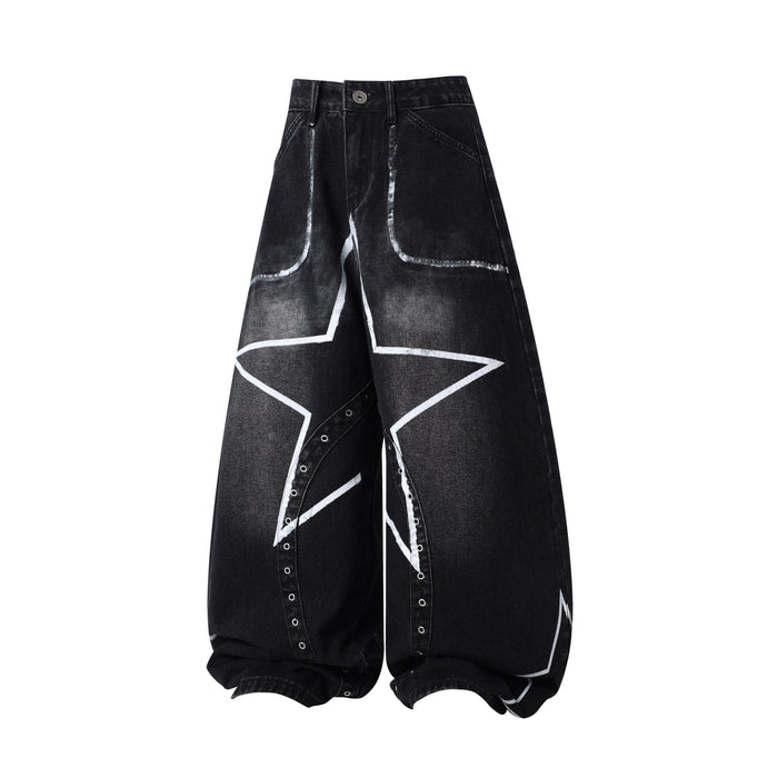 Black wide-leg jeans with white star graphic and faded wash, front view