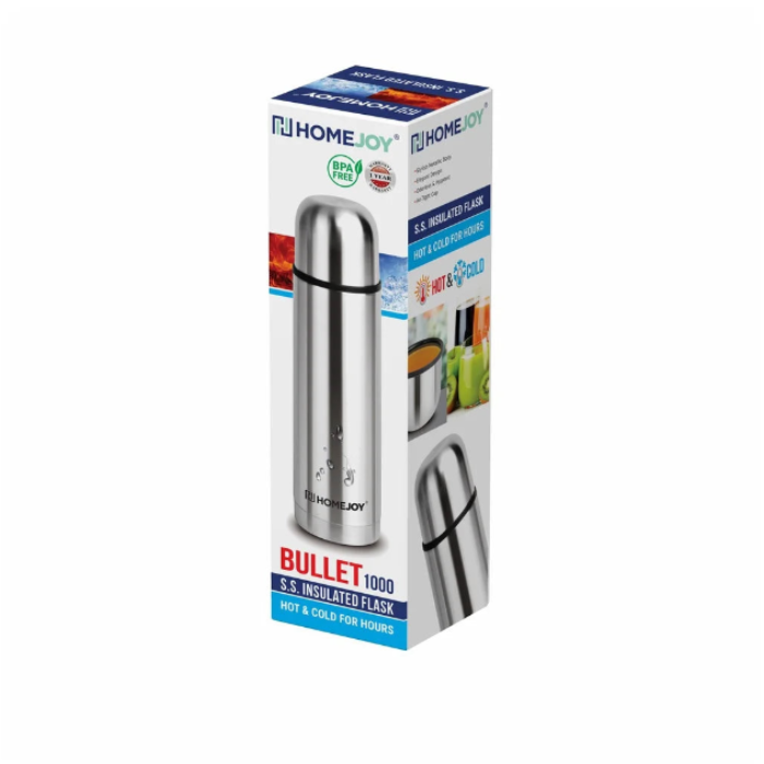 HomeJoy 1000ml Bullet Style Stainless Steel Flask with Pouch & Free Bottle Brush – 12 Hours Hot & Cold Water Guarantee (Pack of 1)