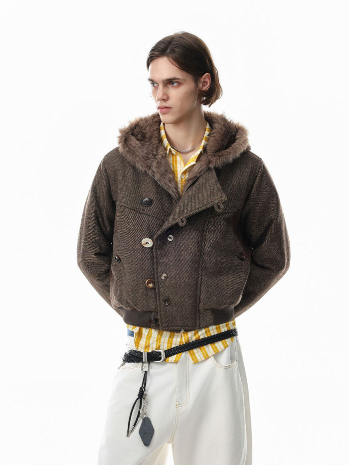 Men's cropped hooded bomber jacket in brown tweed-style wool blend with faux fur hood trim and double-button front closure