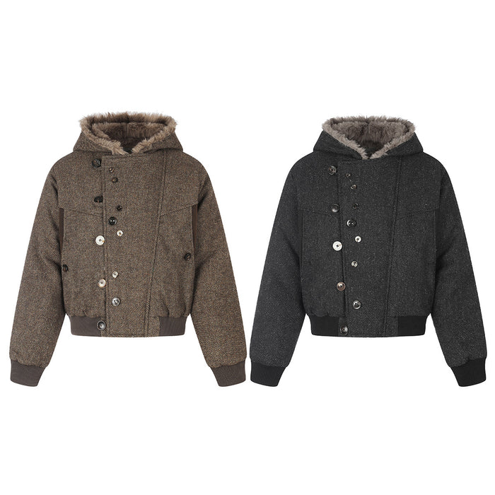 Hooded bomber jacket shown in brown and black with faux fur trim and double-button fronts