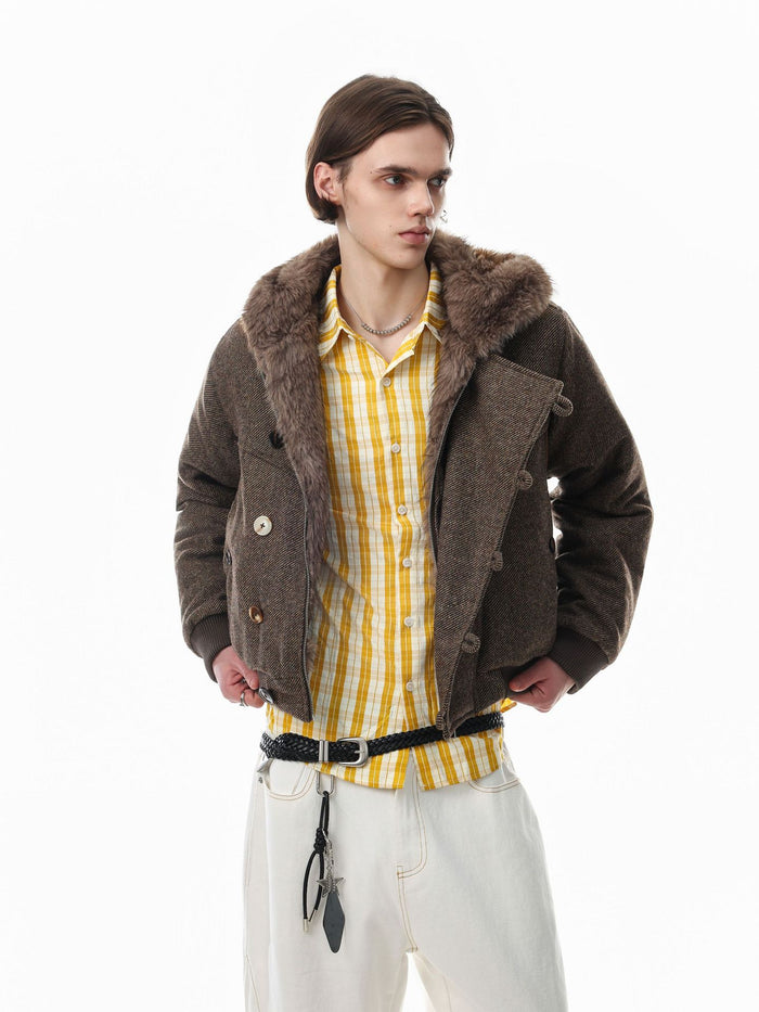 Brown hooded bomber jacket worn open on a model, showing the faux fur hood lining and button front