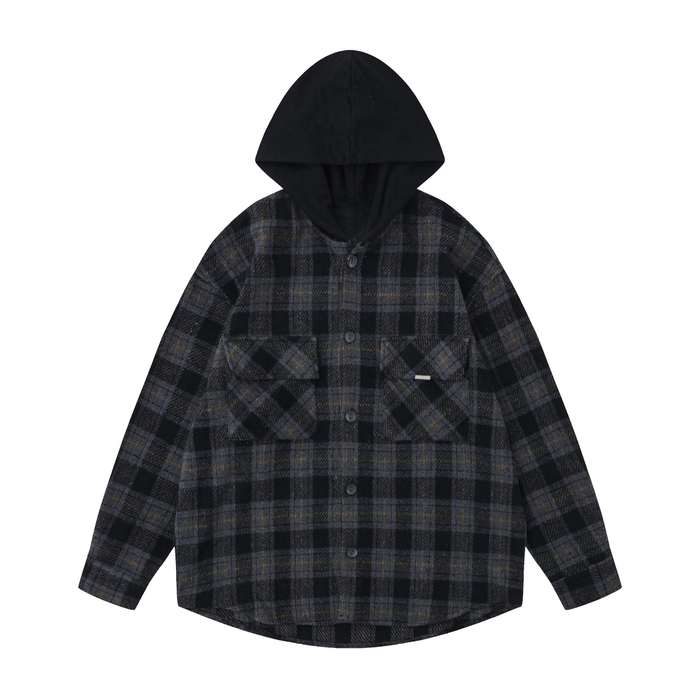 Black and charcoal plaid hooded flannel overshirt with front buttons and chest pockets