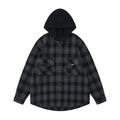 Black and charcoal plaid hooded flannel overshirt with front buttons and chest pockets