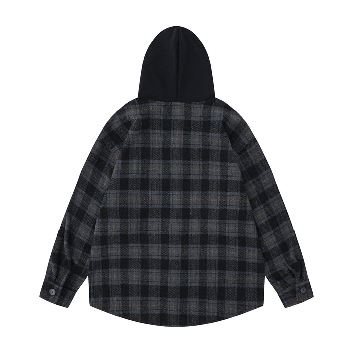Back view of black and charcoal plaid hooded flannel overshirt with contrast black hood