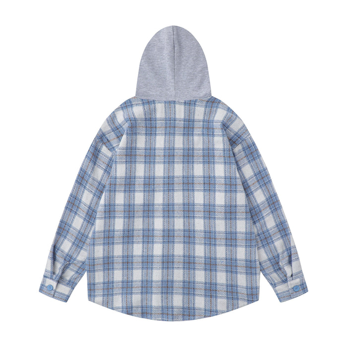 Back view of light blue plaid hooded flannel overshirt with gray contrast hood