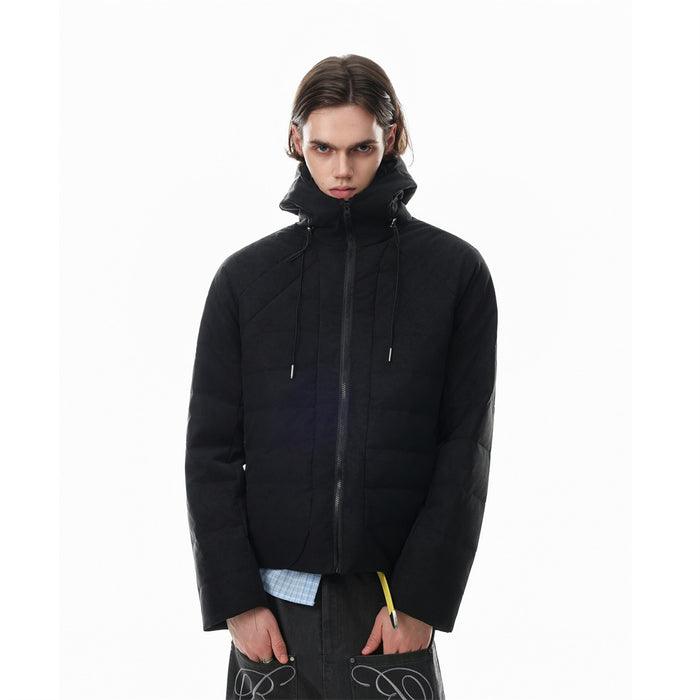 Men's hooded puffer jacket in black with full-zip front and adjustable drawstring hood