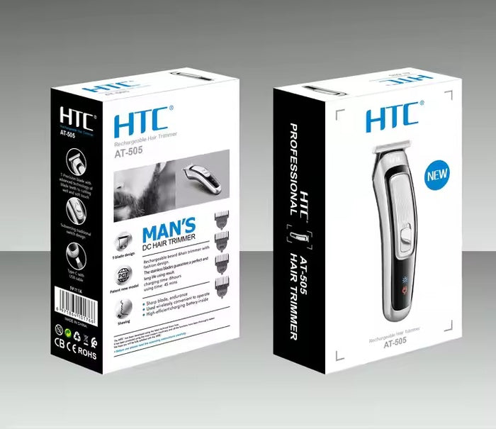HTC Men's Cordless Hair & Beard Trimmer – Precision Grooming Kit with Adjustable Comb Attachments, USB Cable, and Cleaning Accessories