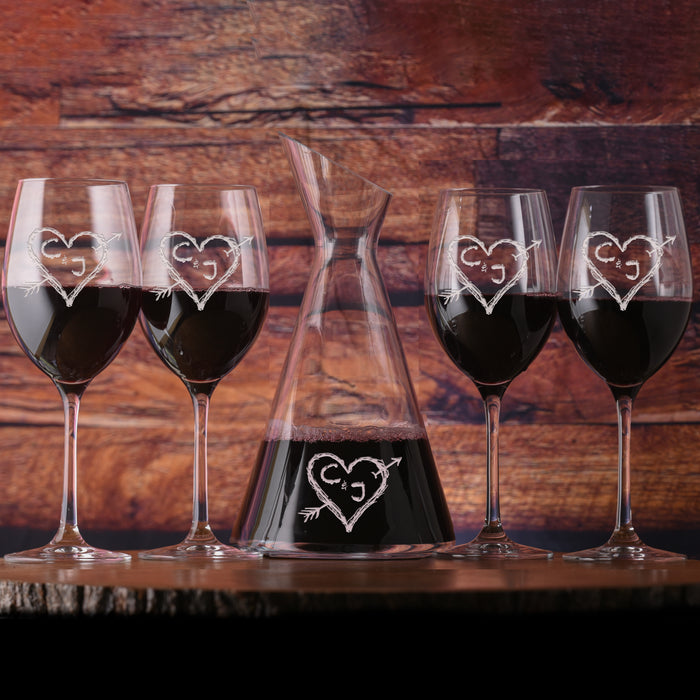 Initials in Heart, Wine Decanter & Glasses, Wedding Gift