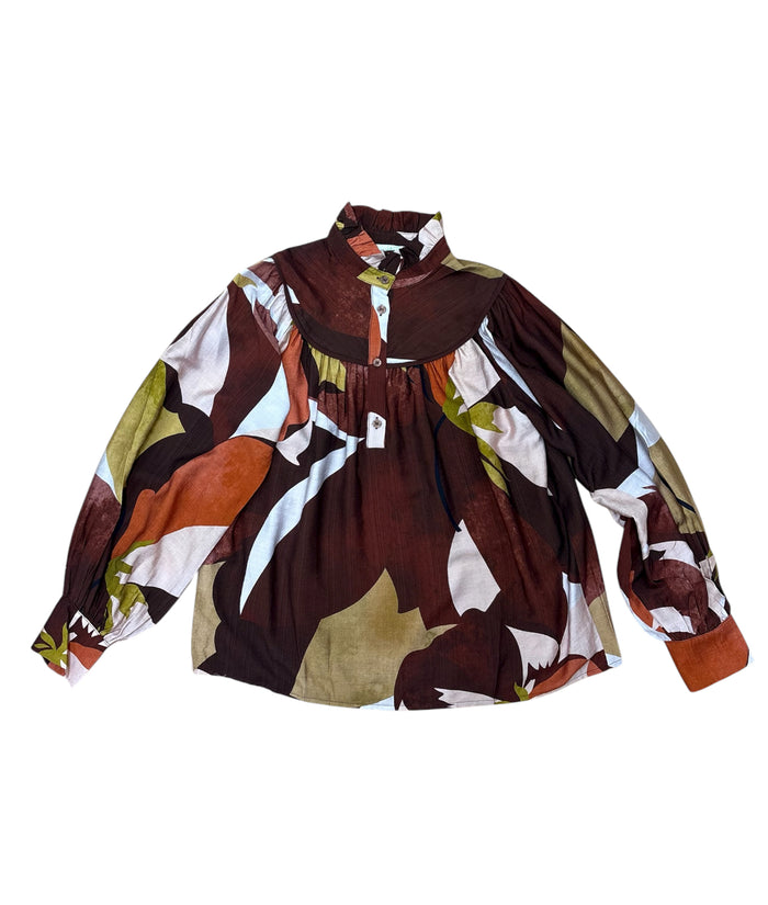 Jade- Stand Collar Trim Blouse- Harvest Rhythm
