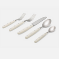 The Jones Flatware Ivory by Blue Pheasant is a five-piece stainless steel set—two forks, knife, tablespoon, and teaspoon—with ivory handles and three rivets. Stylish, dishwasher safe flatware for modern dining.