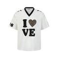 White varsity mesh jersey with black trim and leopard heart I LOVE graphic on front