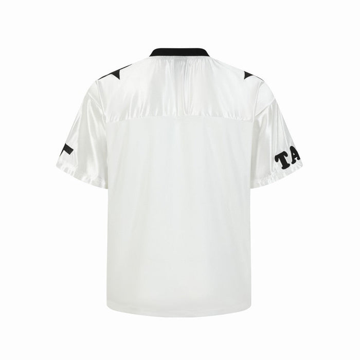 White mesh varsity football jersey with black collar and shoulder accents, shown from the back on a clean white background