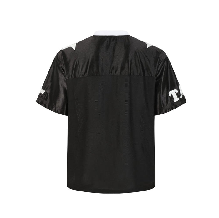 Black varsity mesh football jersey with white trim and short sleeves, shown from the back on a white background