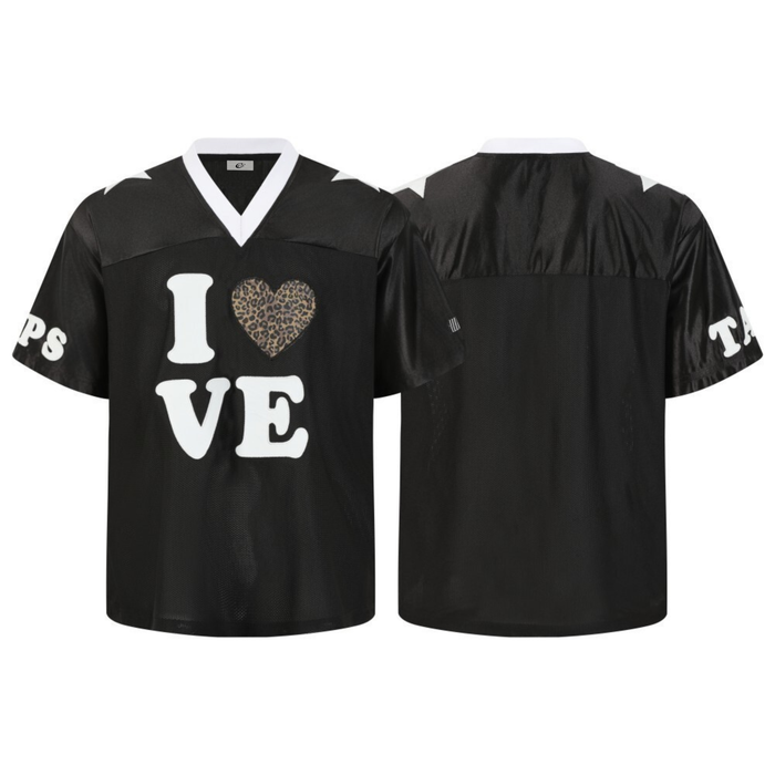 Black mesh varsity jersey with white trim, leopard-print heart I Love graphic, front and back views