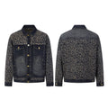Leopard-print denim trucker jacket shown from front and back, with dark washed panels, spread collar, and button pockets