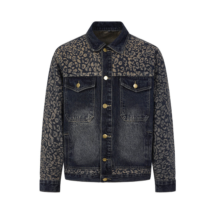 Men's dark navy washed denim trucker jacket with khaki leopard jacquard print on chest yoke, sleeves and back, antique brass