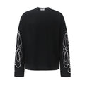 Front view of a solid black long-sleeve shirt with large white swirl graphics along both sleeves
