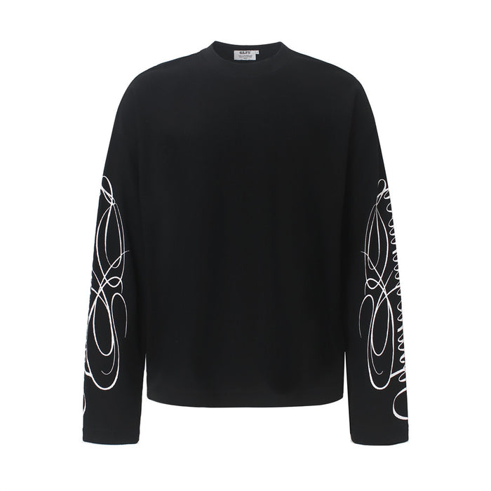 Front view of a solid black long-sleeve shirt with large white swirl graphics along both sleeves