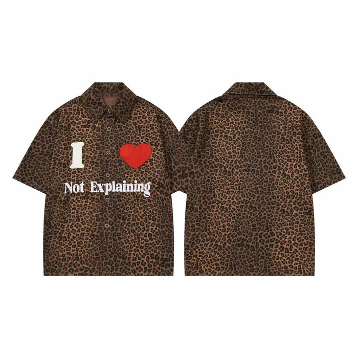 Front and back view of a brown leopard print short-sleeve button-up shirt with I Love Not Explaining graphic and red heart pa