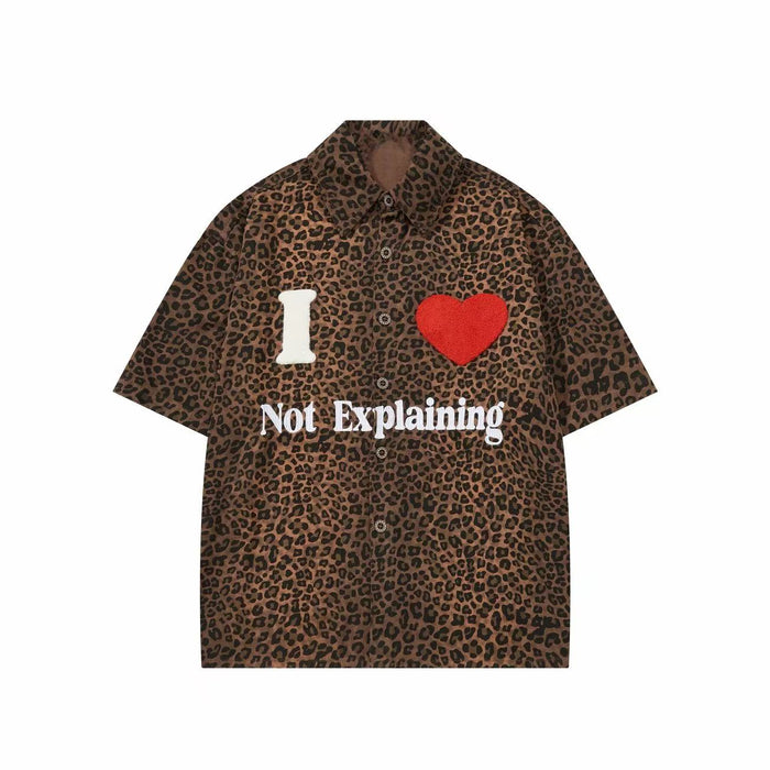 Leopard print short-sleeve shirt with I heart Not Explaining graphic and button-up collar