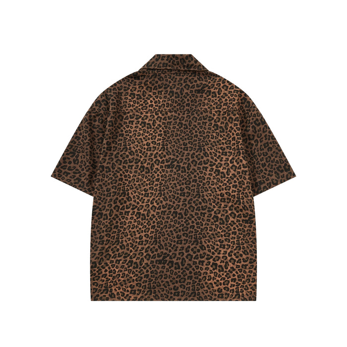 Brown leopard print short sleeve shirt with collar, shown flat against a white background