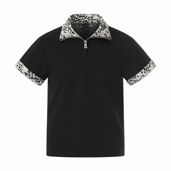 Black quarter-zip polo shirt with leopard-print collar and sleeve cuffs, short-sleeve streetwear style