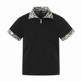 Black quarter-zip polo shirt with leopard-print collar and sleeve cuffs, short-sleeve streetwear style