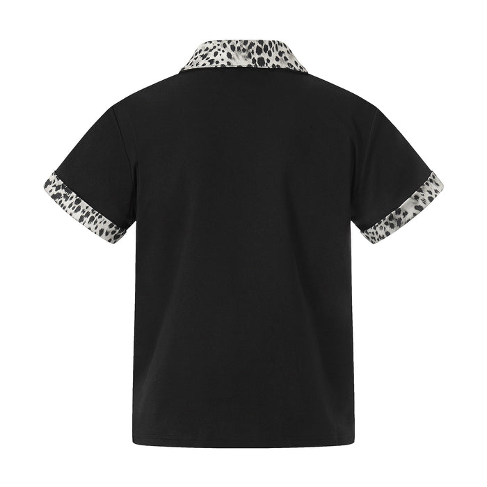 Black quarter-zip polo shirt with leopard print collar and sleeve cuffs, shown from the back on a white background