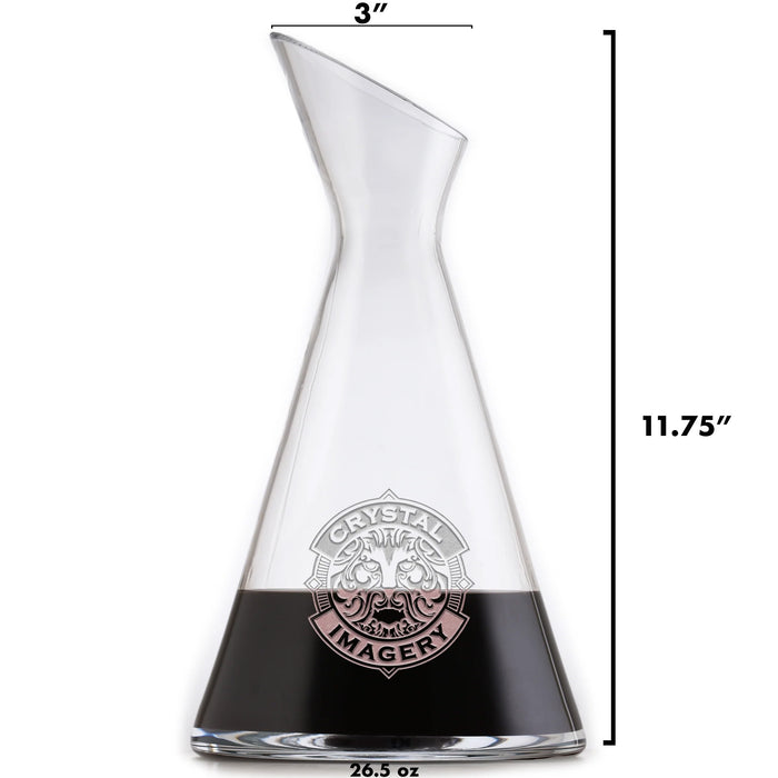 Size guide: an angled-top slant wine carafe, deep-carved with a sample Crystal Imagery crest; 3 inches wide, 11.75 inches tall, 26.5 ounces.