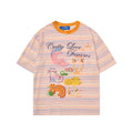 Oversized striped t-shirt with colorful cartoon cat graphic print and orange contrast crew neckline