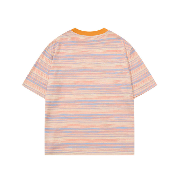 Pastel striped short-sleeve T-shirt with orange collar and soft multicolor horizontal stripes on a clean white background