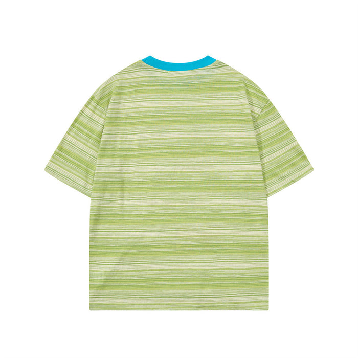 Green striped short-sleeve T-shirt with bright blue collar and heathered texture on a white background