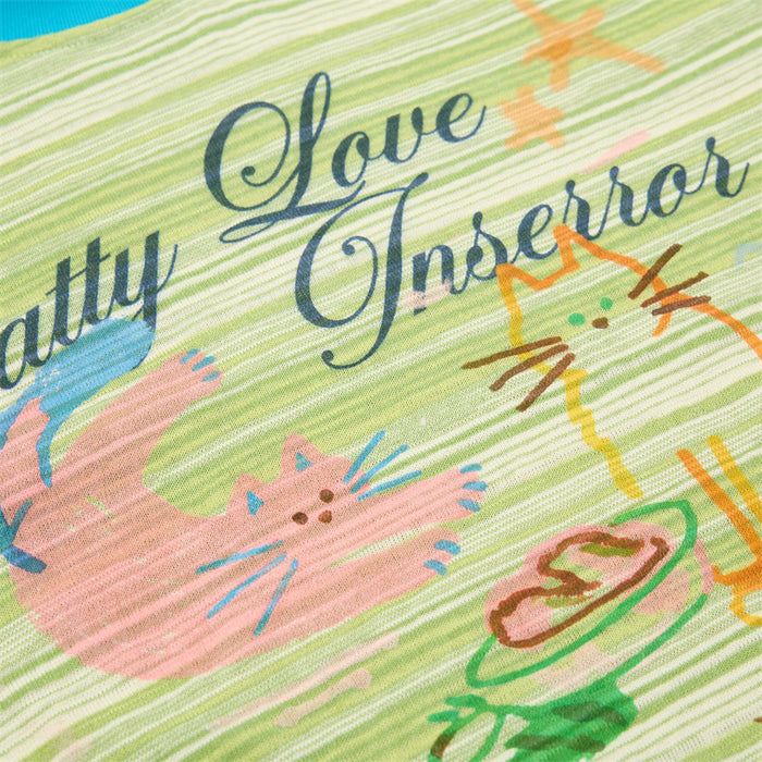 Green striped T-shirt featuring playful cartoon cats and the phrase Love Unfamiliar in colorful script