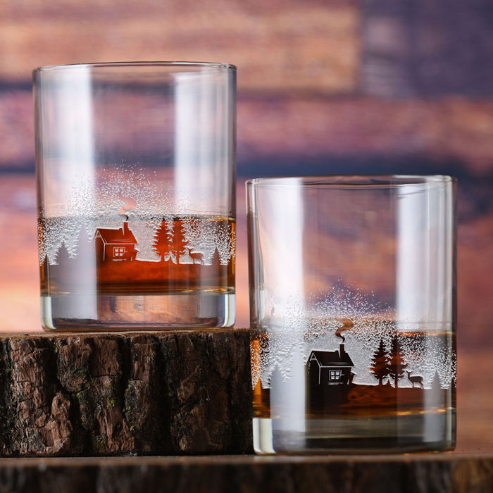Log Cabin in the Woods, Rocks Glass (Set of 2)