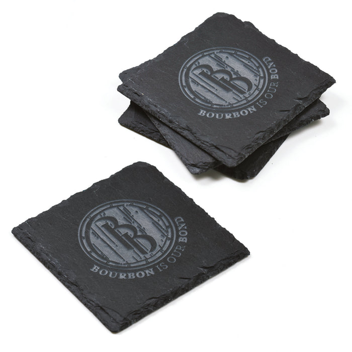 Set of four square slate coasters deep-carved with a sample circular monogram and the words "Bourbon Is Our Bond."