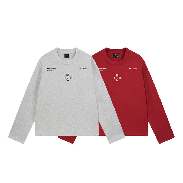 Gray and red long sleeve crew neck shirts shown together with small chest lettering and central NTVG graphic