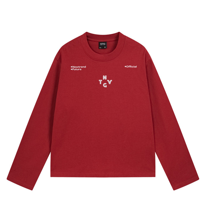 Red long sleeve crew neck shirt front with white NTVG chest graphic and small shoulder lettering