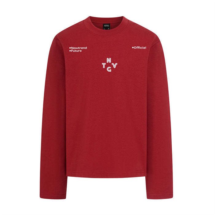Red long sleeve crew neck shirt front with centered NTVG lettering and small text near the shoulders