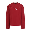 Red long sleeve crew neck shirt front with centered NTVG lettering and small text near the shoulders