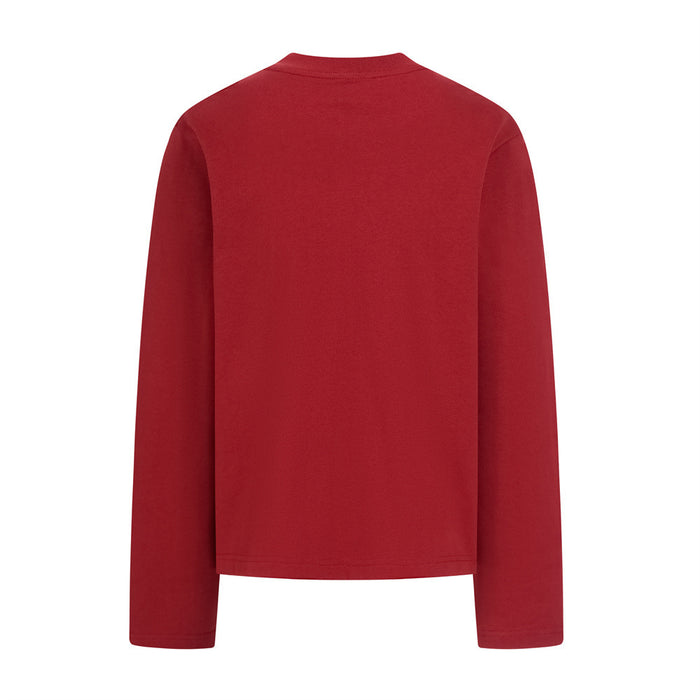 Red long sleeve crew neck shirt shown from the back with a plain design