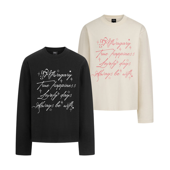 Black and cream long sleeve crewneck shirts with contrasting script lettering and star graphics
