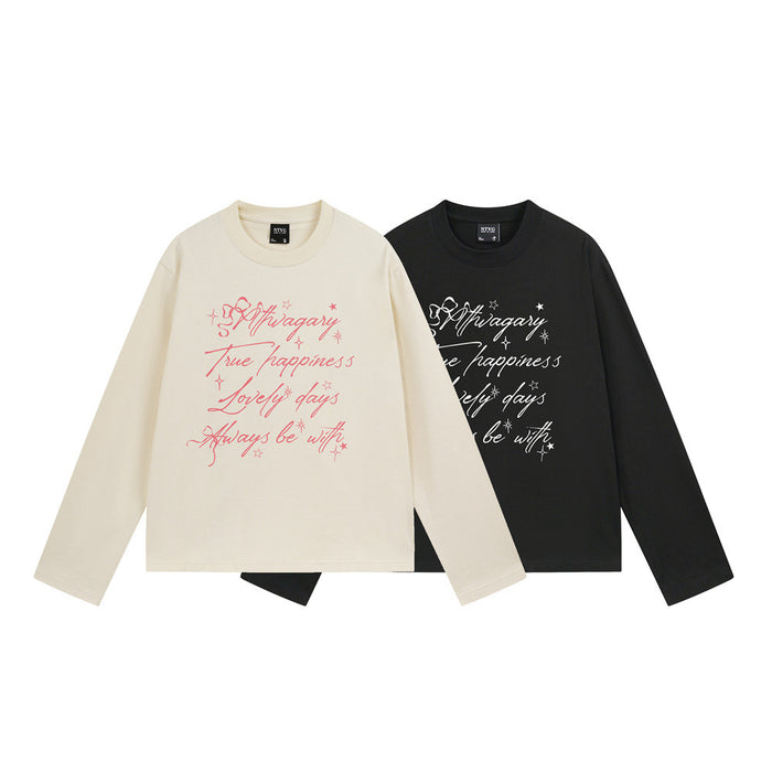 Cream and black long sleeve crewneck shirts shown overlapping with front script prints