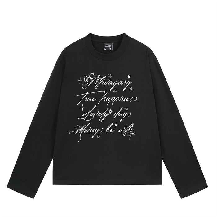 Black long sleeve crewneck shirt with white script lettering and scattered star graphics