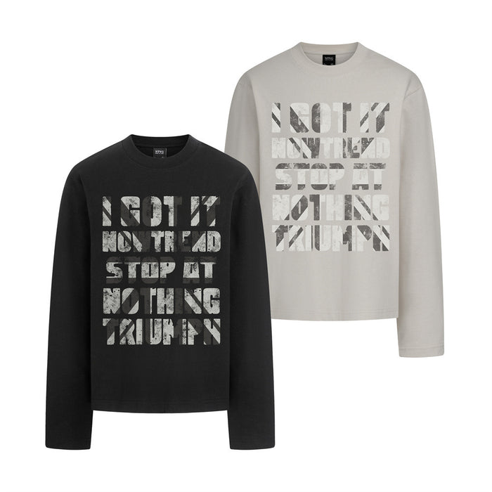 Black and light beige long-sleeve T-shirts with distressed stacked letter graphics on the front