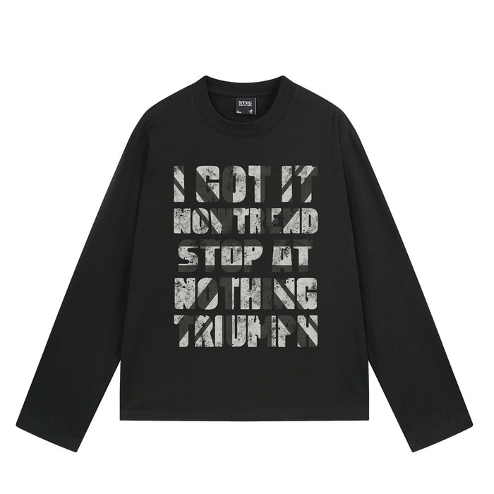 NTVG long sleeve graphic T-shirt with distressed typographic print in black and camel colorways