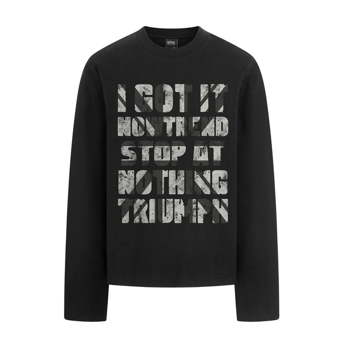 Front view of a black long-sleeve T-shirt with large distressed stacked lettering
