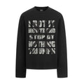 Front view of a black long-sleeve T-shirt with large distressed stacked lettering